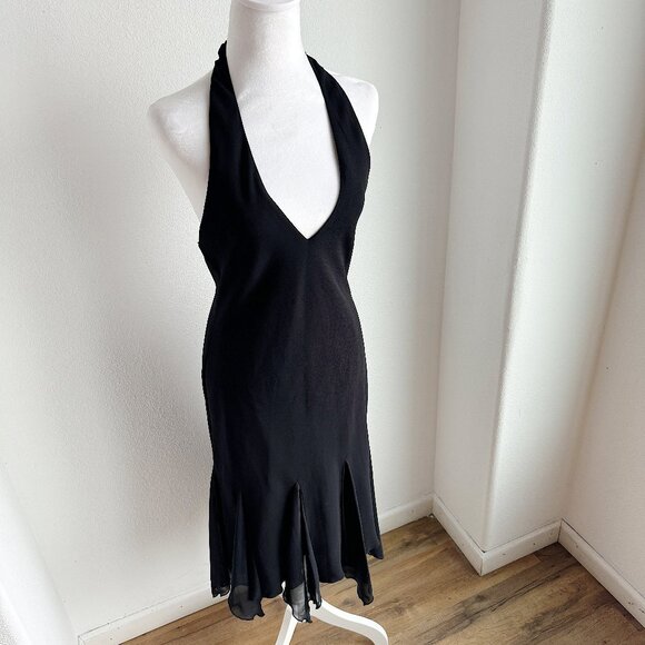 VINTAGE Y2K BLACK‎ CHIFFON HALTER DRESS - Picture 1 of 7